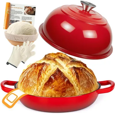 Zdjęcie produktu dla Garnek żeliwny z pokrywką, 5,7L, średnica 26cm, emaliowany, idealny do pieczenia chleba i potraw duszonych, nadaje się do użytku na płytach indukcyjnych i w piekarniku