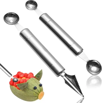 Productafbeelding van 2 Stuks Kogeluitstekers - Fruit Snijgereedschap - Salades Maken - Roestvrij Staal - 2 Delig - Zilverkleurig