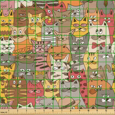 Produktbild von ABAKUHAUS Katze Gewebe als Meterware, Psychedelisches buntes Muster mit lustigen Kätzchen-abstrakten Weinlese-Maskottchen-sonderbarem Comic, 10 M (148 x 1000 cm), Mehrfarbig