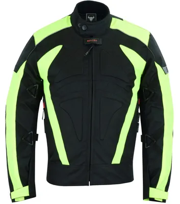 Herren-Motorradjacke in Grün, Vorderansicht. Gefertigt aus Cordura-Polyester 600D und wasserabweisendem Nylon, mit Reißverschluss- und Klettverschlüssen. Ausgestattet mit Protektoren an Armen, Schultern und Rücken.
