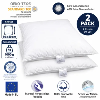 Produktbild von 2-er Set | Kopfkissen 80x80 cm | Füllung: 1500 Gramm Daunen | 100% Natur Kissen | Bezug: 100% Baumwolle | Daunenkissen 80 x 80 cm