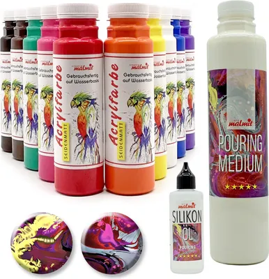 Produktbild von 10 x Acrylfarben + Pouring fluid + Silikonöl Acryl gießen Fließtechnik Malfarben