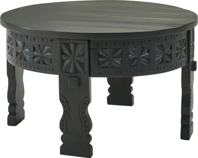 Couchtisch Mango Massivholz Rund 60x36x60cm Schwarz mit runder Platte und ornamental geschnitztem Fries in Gesamtansicht.