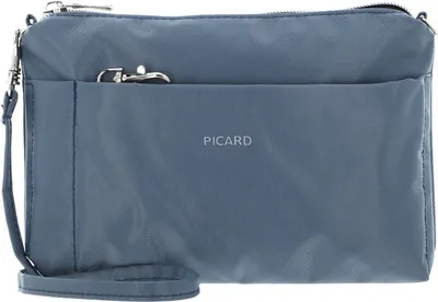A close-up, front-facing view of a blue-gray cosmetic pouch.