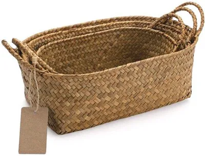 Produktbild von Famanu Aufbewahrungskorb mit Griff - Geflochtener Seegras Korb Stapelbar - Set von 3 - Groß, Mittel, Klein