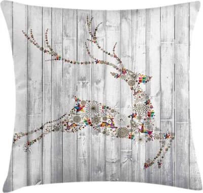 Produktbild von ABAKUHAUS Hirsch Kissenbezug, Buntes Tierschattenbild mit verschiedenen künstlerischen Weihnachtselement-hölzernen Planken, 50 x 50 cm, Mehrfarbig Grau