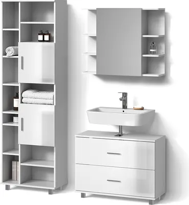 Produktbild von Badmöbel-Set Livinity Eisak Weiß Hochglanz 3 Teile, mit Hochschrank, Model 53070