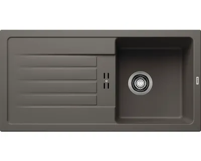 A top-down view of a gray kitchen sink with a drain and faucet.