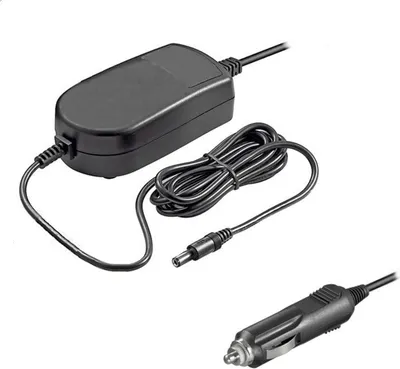 A black car charger adapter and its cable are shown on a white background.