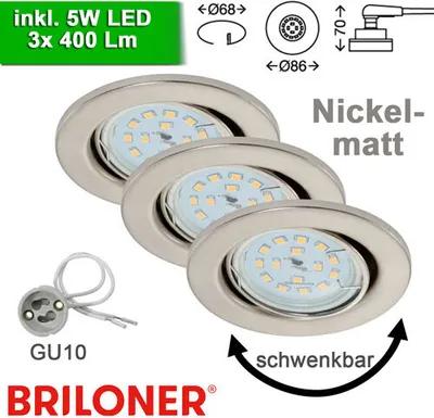 Produktbild von Briloner 3er Set Einbauspots nickel matt GU10 inkl. 5W LED schwenkbar