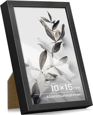 Zdjęcie produktu dla Ramka na zdjęcia 10 x 15 cm, czarna, aluminiowa, z hartowanym szkłem, do zawieszenia na ścianie lub do postawienia na stole