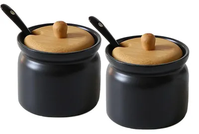 Produktbild von 2er Set Keramik Gewürzdosen mit Löffel und Bambus Deckel, 180 ml (Schwarz)