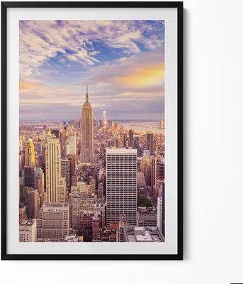 Produktbild von Sonnenuntergang in New York– Wandbild mit Rahmen – Gerahmtes Bild  – Wanddekoration – 70x100 cm –  Schwarz Rahmen