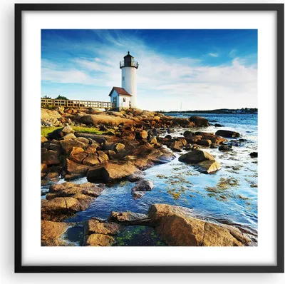 Produktbild von Gerahmtes Poster - Schwarzer Rahmen - Leuchtturm Ufer Wolke Landschaft - 50x50 cm - Wand Bild - Wanddeko - Wandbilder - Wandposter - Bilderrahmen - Bilder - Kunstdruck - Wandbild - P2BAC50x50-2973