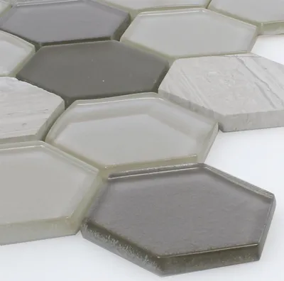 Produktbild von Mosaikfliesen Hexagon Glas Naturstein Iznik Hellgrau 3D