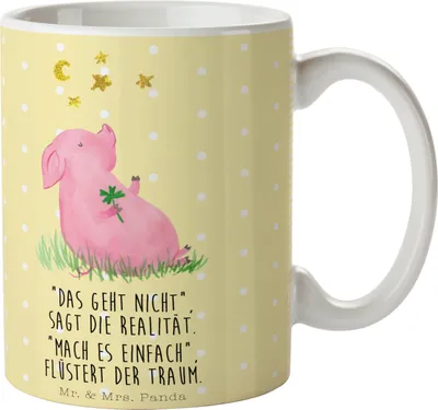 Produktbild von Mr. & Mrs. Panda Kaffeetasse Schwein Glück - Gelb Pastell - Geschenk, Keramikbecher, Lustige Sprüche, Träume, Glücksbringer, Schweinchen, Kaffeebecher, Tasse, hochwertige