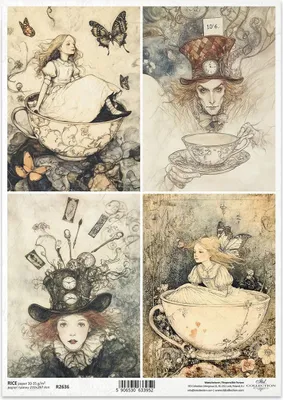 Obrázok produktu pre Ryžový papier na dekupáž A4 - Klobučník, šálky, Alica, rozprávkové kompozície - R2636 - Itd Collection