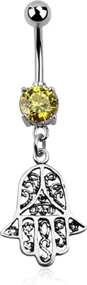 Produktbild von Bauchnabelpiercing Hamsa Hand der Fatima 925 Silber Anhänger Kristall Autiga® silber-gelb 8 mm