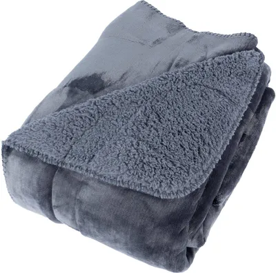 A folded gray blanket with a fluffy sherpa lining.
