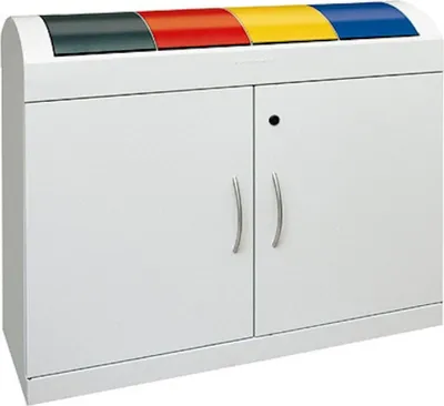 Produktbild von Wertstoffsammler mit selbstschließenden Pendelklappen | 4x45 Liter, HxBxT 97,5x110x32cm | Feuer- & Geruchshemmend | Lichtgrau/Anthrazitgrau/Feuerrot/Signalgelb/Enzianblau