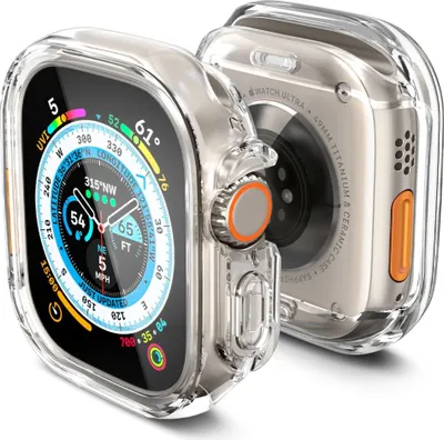 A clear protective case for an Apple Watch Ultra.