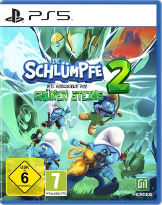 The cover art for the video game 'Die Schlümpfe 2 - Der Gefangene des Grünen Steins' for PlayStation 5.