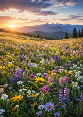 Produktbild von Wildblumenwiese Poster DIN A2 – Farbenfrohes Natur Wandbild mit Blumen, Bergen & Sonnenuntergang, matt