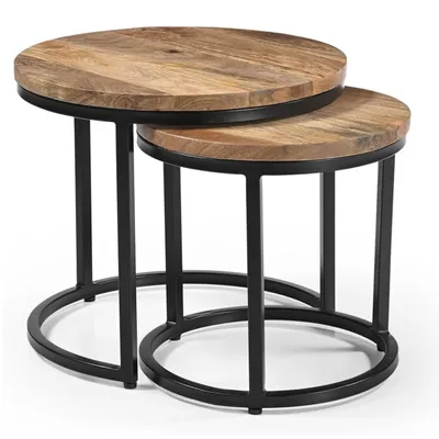 Produktbild von iAnanas Mangoholz Couchtisch Set – Runde Industrial Tische (2er Set)