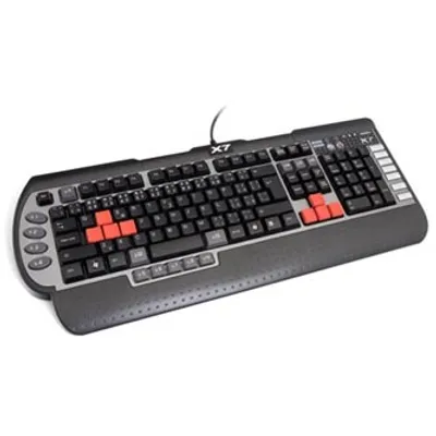 A gaming keyboard is shown from a diagonal angle against a white background.