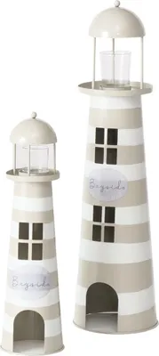 Two lighthouse-shaped lanterns are displayed against a white background.