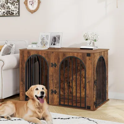 Zdjęcie produktu dla Klatka dla psa – mebel w stylu retro, brązowa, z 3 drzwiczkami i zaokrąglonym kształtem – 108 x 64 x 76 cm