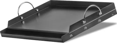 A black metal griddle with silver handles is shown on a white background.