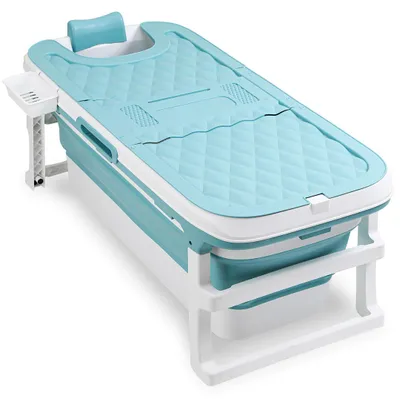 Immagine prodotto di Vaschetta da bagno pieghevole Eikuavons, dimensioni 132x60x50 cm, colore blu, realizzata in plastica PP e TPE, con rulli massaggianti e tubo di scarico, adatta per adulti