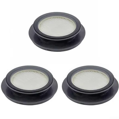 Three vacuum cleaner filters are arranged in a triangular formation on a white background.