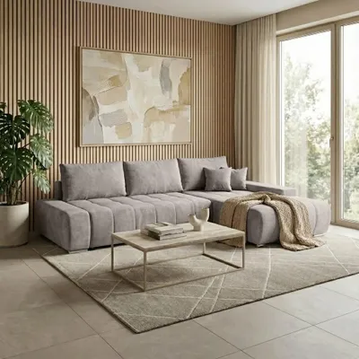 Produktbild von Beautysofa DRACO L Ecksofa mit Schlaffunktion & Bettkasten 267 cm - Schlafsofa, Bettsofa, Couch L-Form, Seitenausführung Rechts – Grau Velo 624