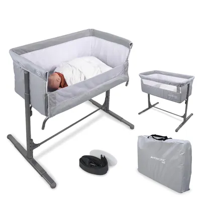 Image de Mobiclinic Lit d'appoint bébé, 2 en 1, Moon, sangles de fixation au lit, réglable en 5 positions, sac de transport, roulettes incluses