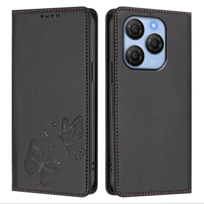 Produktbild von Lederhülle für Blackview Shark 9, Schmetterling Prägung Leder Brieftasche Schutzhülle mit Ständer Schwarz