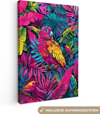 Produktbild von MuchoWow® - Leinwandbilder - Papagei - Tropisch - Dschungel - Farbenfroh, Wandbild, Wanddeko Bilder Wohnzimmer, 80x120 cm