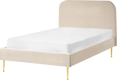 Produktbild von BELIANI Bett Hellbeige Samtstoff mit Lattenrost 120 x 200 cm Metallfüße Gold hohes Kopfteil Retro Glamourös Polsterbett Doppelbett Schlafzimmer