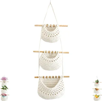 Hängeorganizer 3 Ebenen, gewebte Obstschale, Boho-Stil, Milchweiß