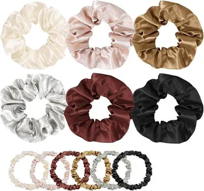 Produktbild von Famanu Scrunchies Satin 12 Stück - Bunte Haargummis Geschenkset für Frauen