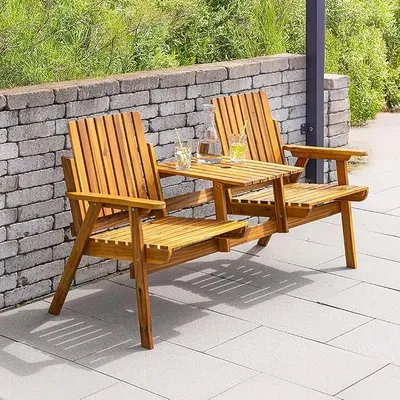 Imagen del producto de Banco de jardín de madera de acacia para dos personas, con reposabrazos y espacio para colocar objetos, de aproximadamente 153x65x82 cm - Color marrón