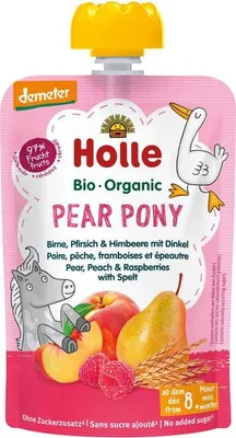 Produktbild von Holle Pear Pony Birne Pfirsich & Himbeere mit Dinkel - - 100g x 12 - 12er Pack VPE