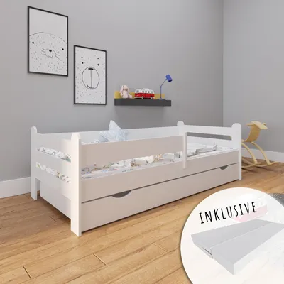 Obrázek produktu pro Dětská postel 160x80 s matrací, ochranou proti vypadnutí, zásuvkou a roštem v bílé barvě 80 x 160 dívčí chlapecká postel Skandi