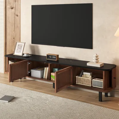 Immagine prodotto di okwish Moderno mobile TV con due ante scorrevoli, mobile TV con ampio spazio contenitivo, mobile TV basso con maniglie rotonde nere, noce