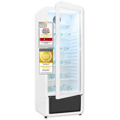 Produktbild von Exquisit Glastürkühlschrank, 240l Getränkekühlschrank mit LED, Umluft, 4 verstellbare Ablagen, CoolPro, GKS5220-GT-431D weiss