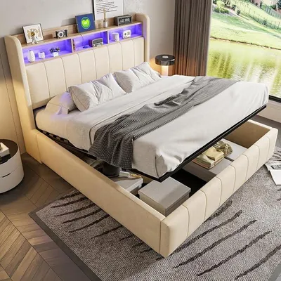 Obrázek produktu pro Postel s čalouněnou konstrukcí 160x200 cm s LED osvětlením, USB-C portem, úložným prostorem, roštovou základnou a lněnou potahovou látkou, barva béžová.Postel s čalouněnou konstrukcí 90x200 cm s LED čelem, USB/Type-C porty, úložnými plochami, hydraulickým úložným prostorem a roštovou základnou.