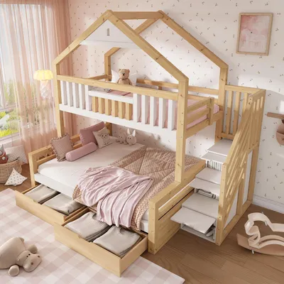 Produktbild von Etagenbett 90x200/140x200 cm mit Treppenschrank, 2 Schubladen, Giebeldach, Sicherheitsgeländer und Lattenrost, Weiß & Eiche, ohne Matratze, ab 6 Jahren