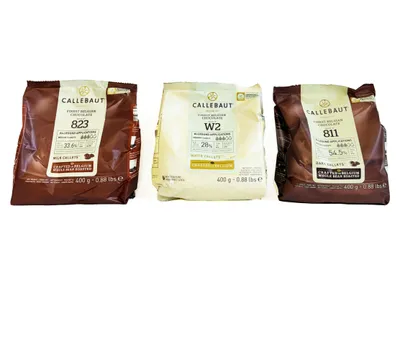 Callebaut Receipe No. 811, 823 und W2, Kuvertüre Callets, Zartbitter, Vollmilch und weiß
