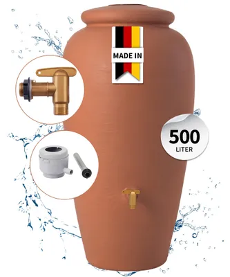 Productafbeelding van GARANTIA amfoor compleet SET 500 L terracotta incl. kunststof uitloopkraan en regenpijp-aansluiting, AI-gegenereerde afbeelding